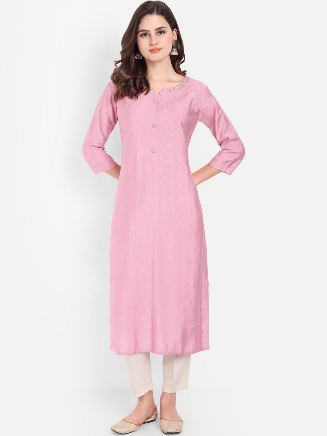 4u Fashion Women Woven Design Mandarin Collar Straight Kurta