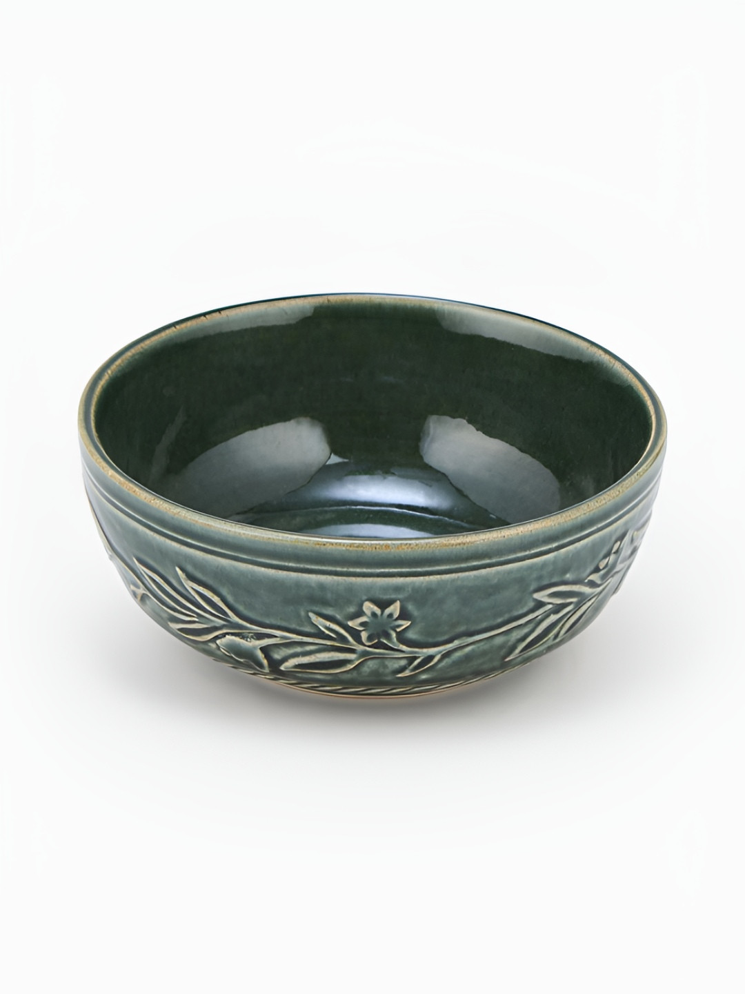 Fabindia Ahilya Green Textured Matte Dishwasher & Microwave Safe Ceramic Serving Bowl