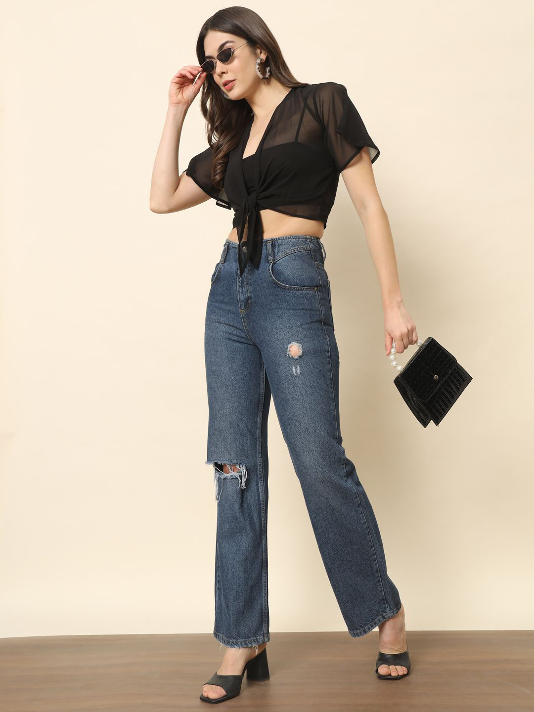 CORSICA Women's Black Crop Sheer Tie-Up Shrug