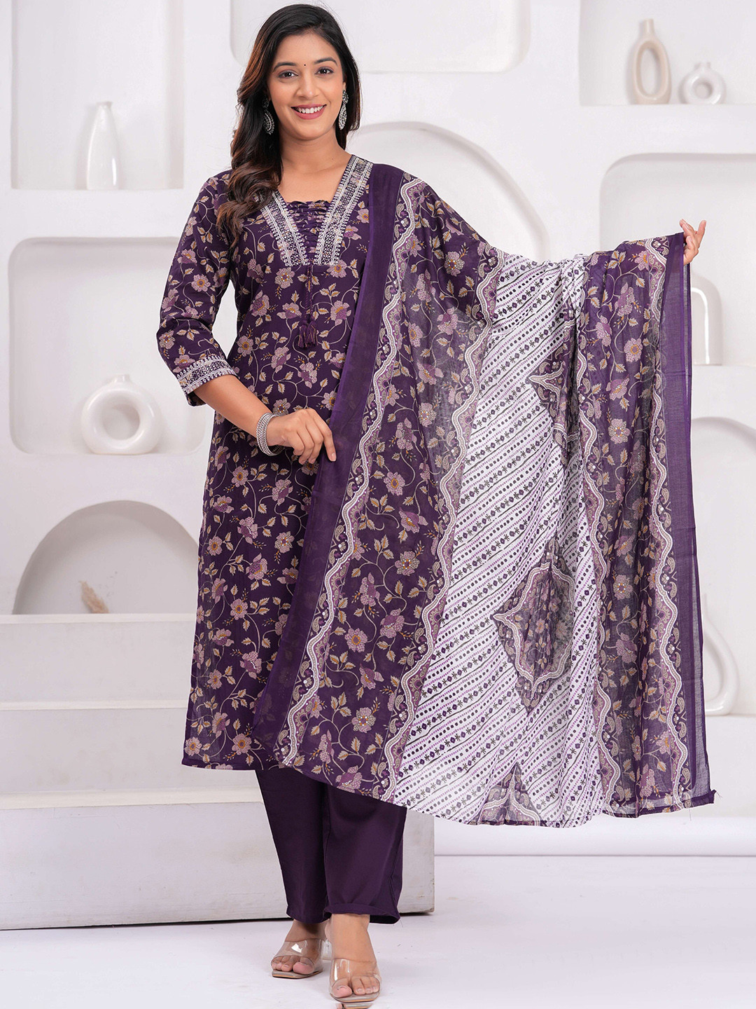 GEKHA Floral Printed Sequunied V-Neck Pure Cotton Straight Kurta With Trousers & Dupatta