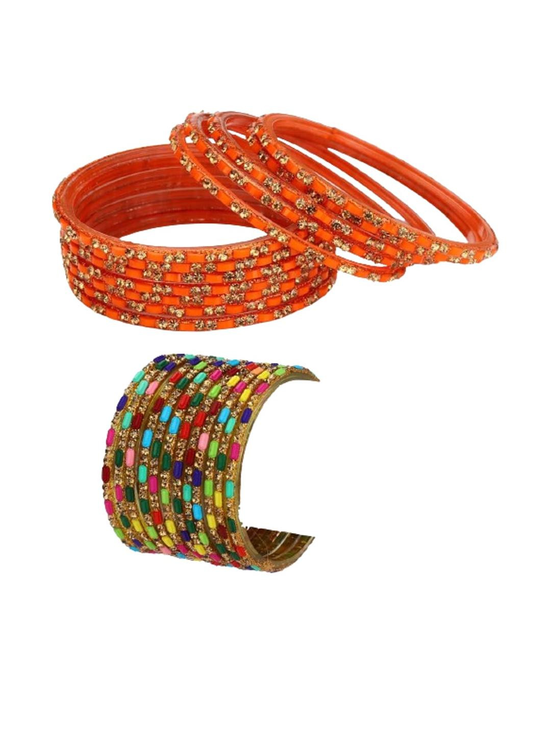 SOMIL Set of 24 Women Orange & Multicolor Glass Bangle
