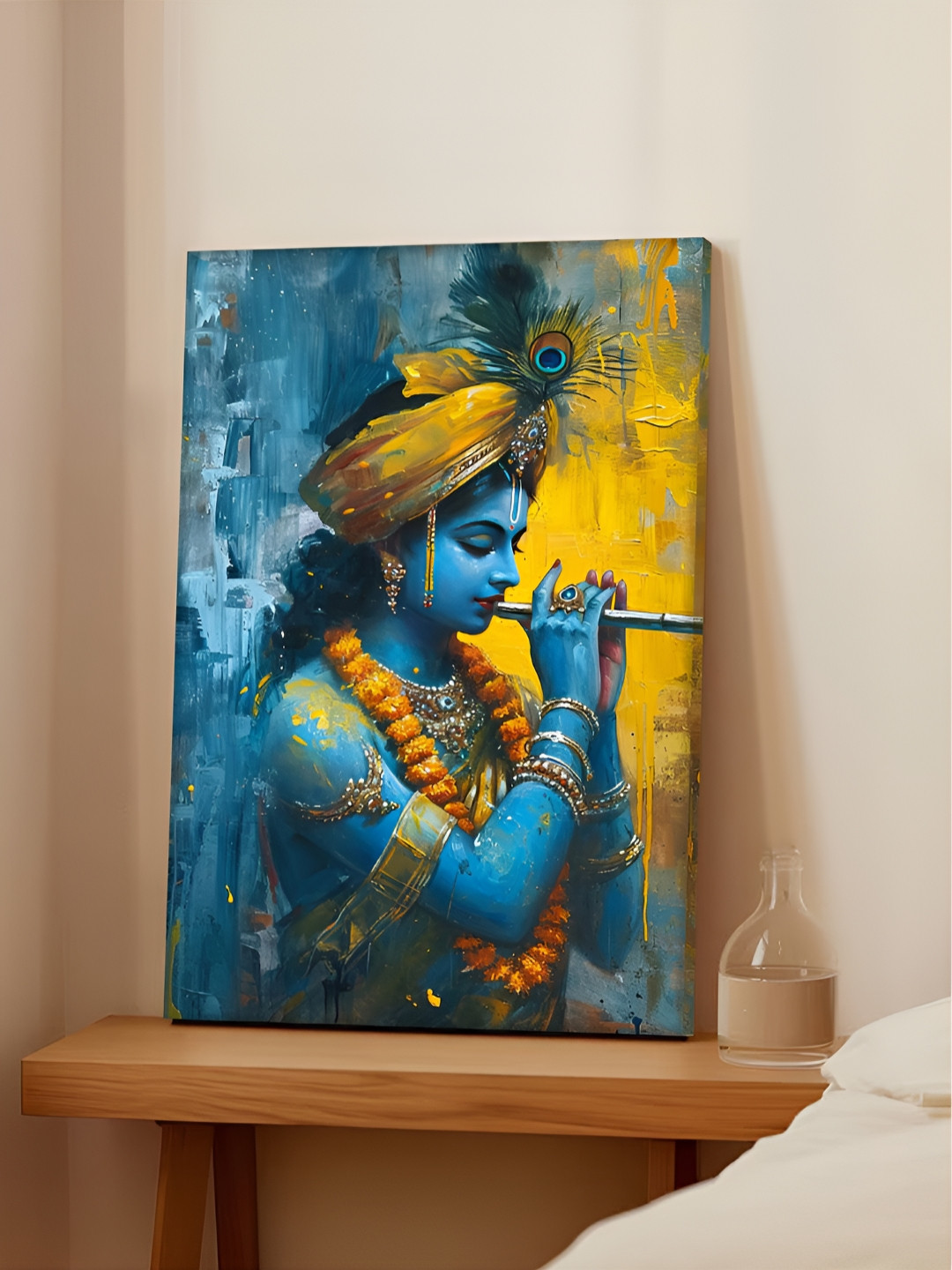 Art Street Blue & Yellow Shree Krishna Playing Flute Divine Canvas Wall Art