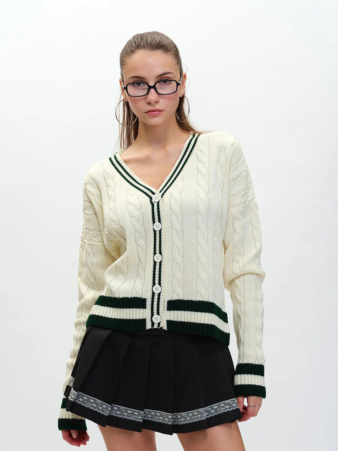 Bonkers Corner Women Self Design Cable Knit Cardigan Sweater