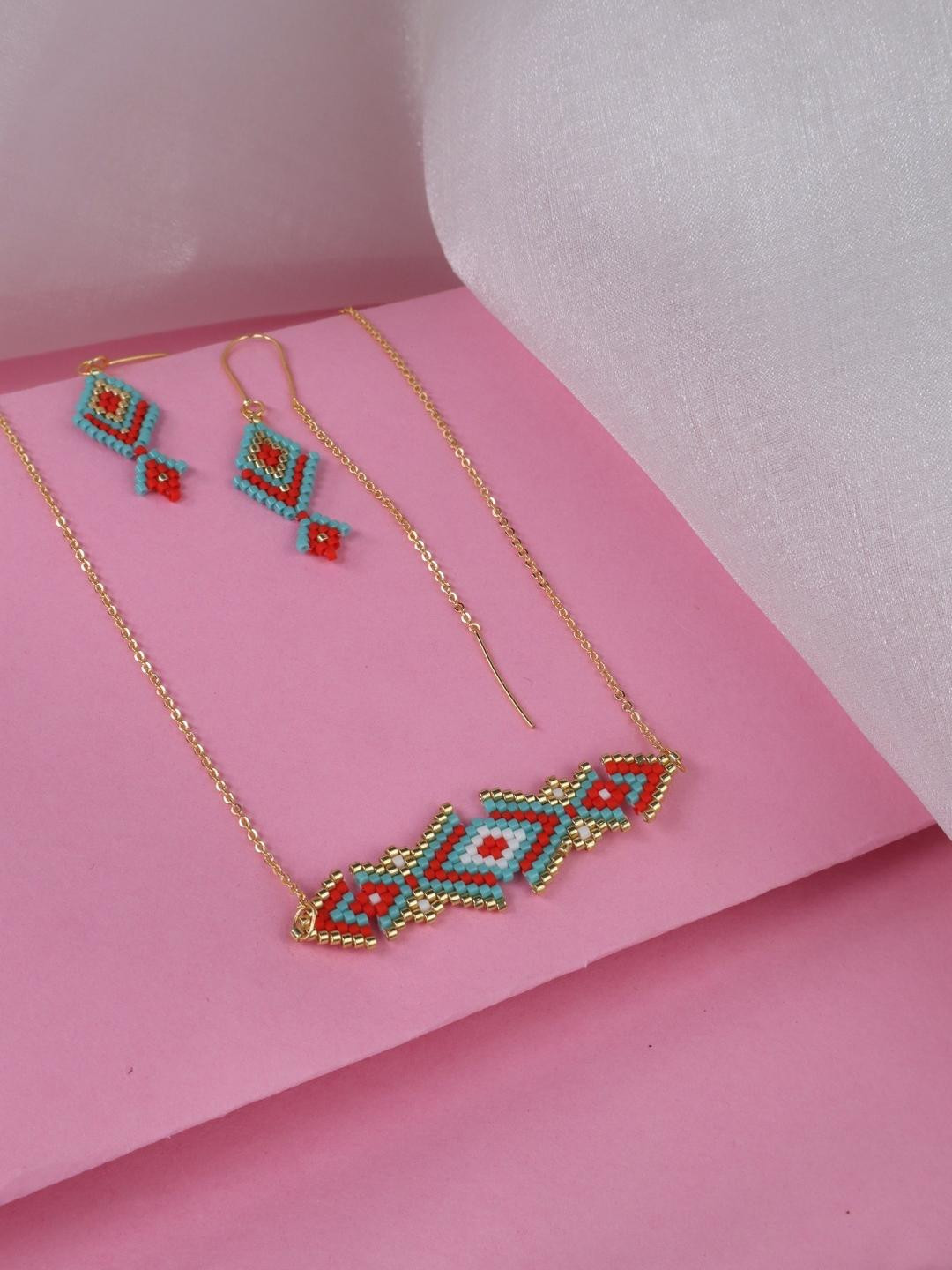 Threads & Beads Gold-Plated Blue And Red Beaded Jewellery Set