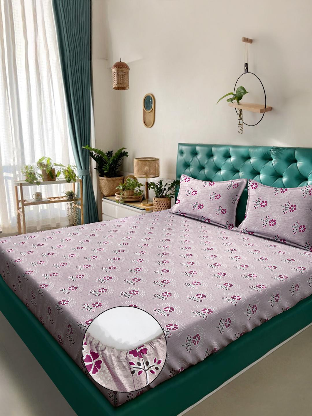 KLOTTHE Pink & Purple Floral Printed 400 TC Cotton King Bedsheet Set 2.50 m x 2.25 m