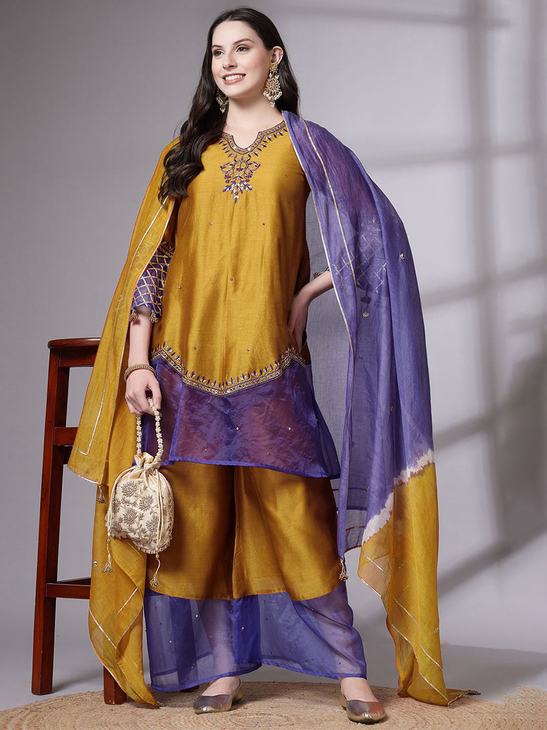 Utsav Fashion Women Embroidered Chanderi Cotton and Organza Pakistani Suit in Mustard