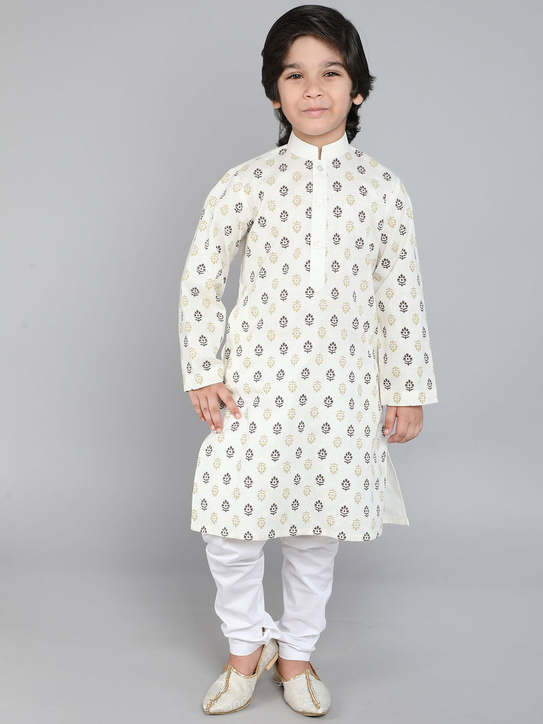 Little Clothings Boys Floral Hand Block Print kurta Paired white churidaar- 1-2y cream