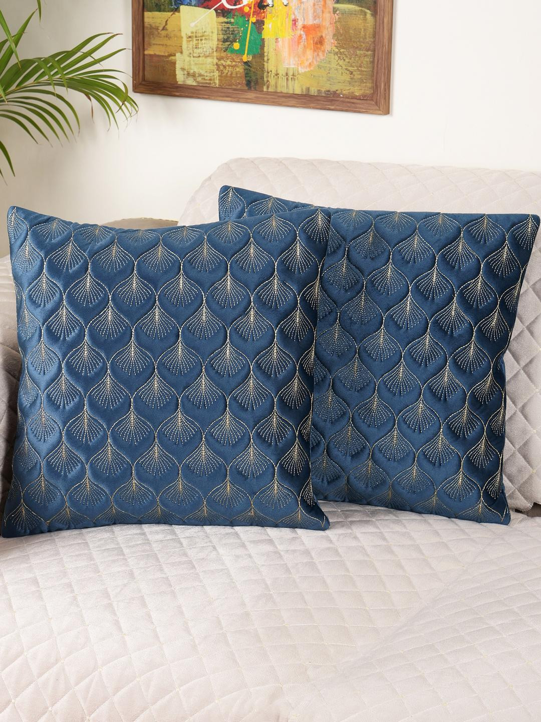 TANLOOMS Blue & Gold-Toned Floral Velvet Square Cushion Covers - Set of 2