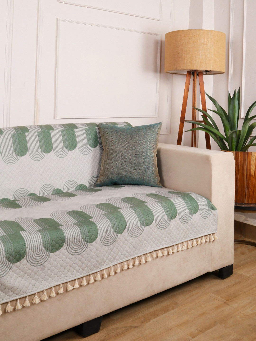 STITCHNEST 3 Seater Green & Off Velvet Sofa Cover