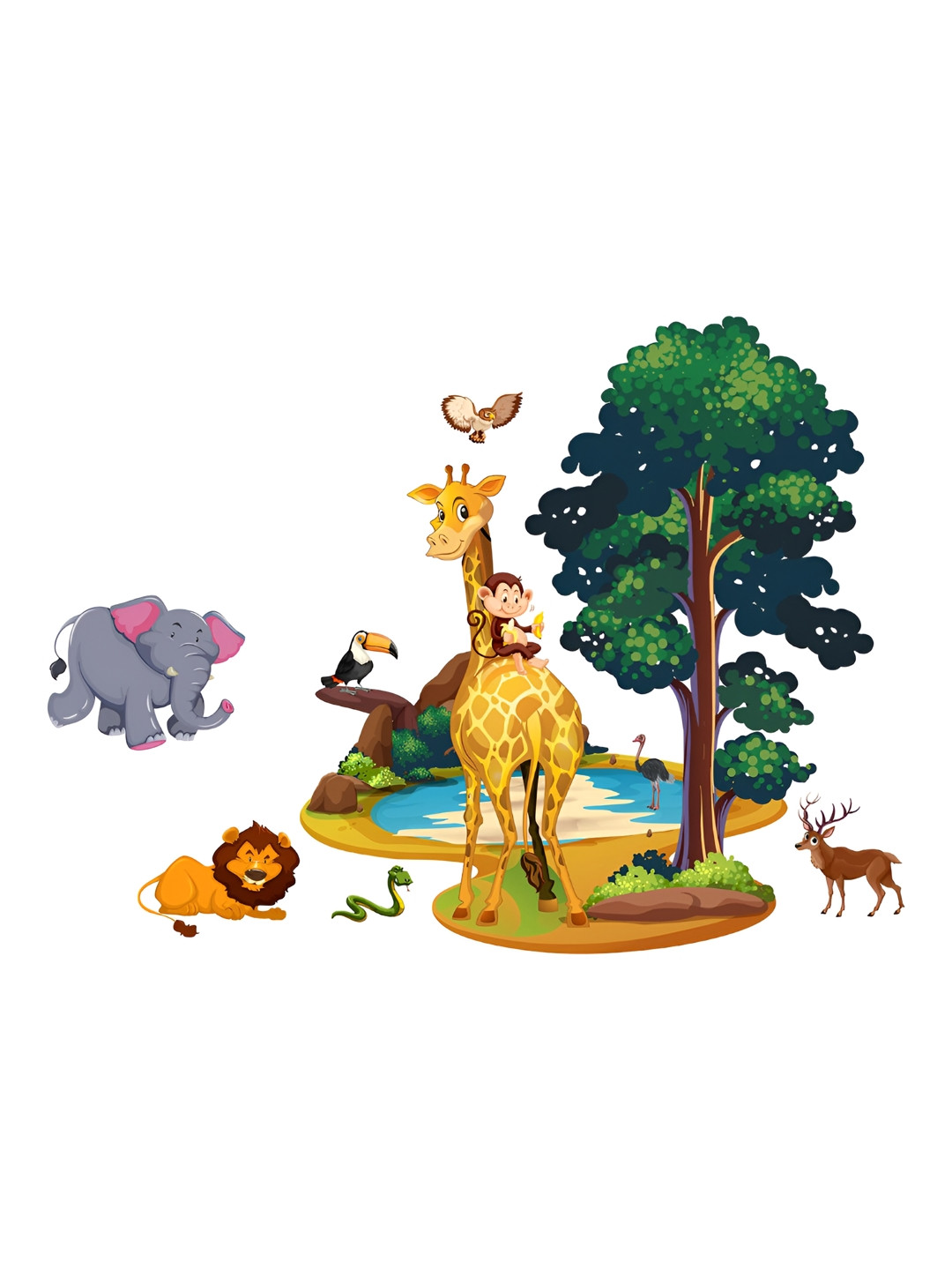 LANSTICK Green & Yellow Tree With Wild Animals Printed Wall Stcikers