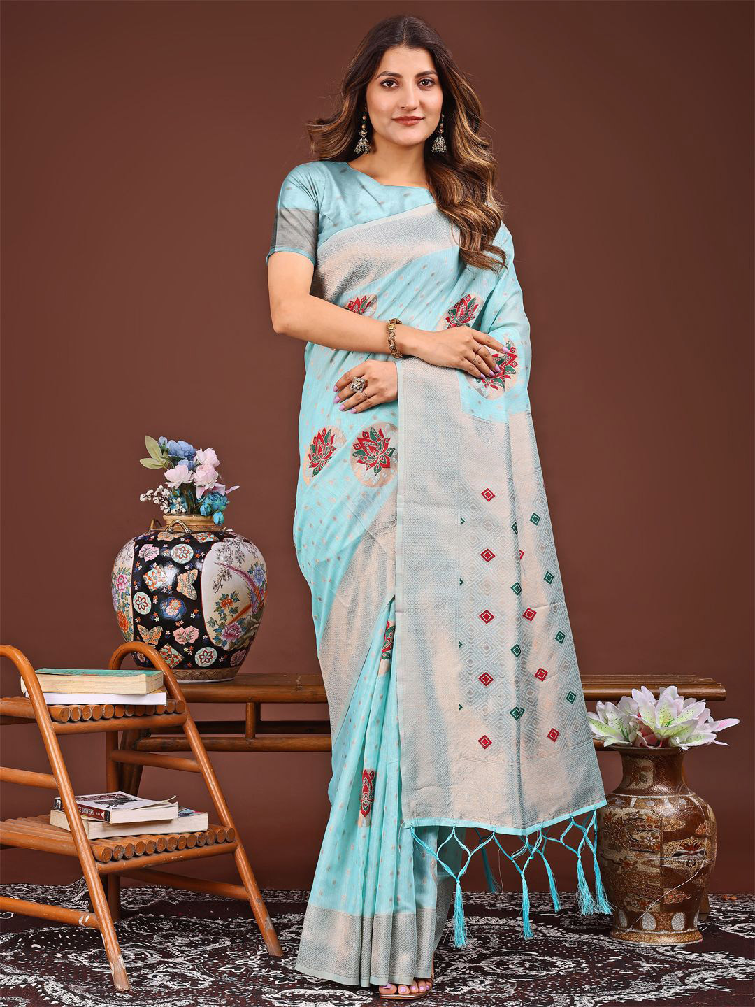 Pandadi Women Saree Woven Design Zari Linen Blend Designer Sarees