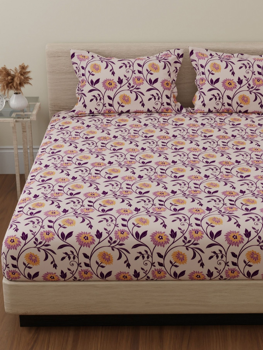 Huesland Lavender & Yellow Floral  Printed 144 TC Cotton Queen Bedsheet Set 2.43m x 2.23m