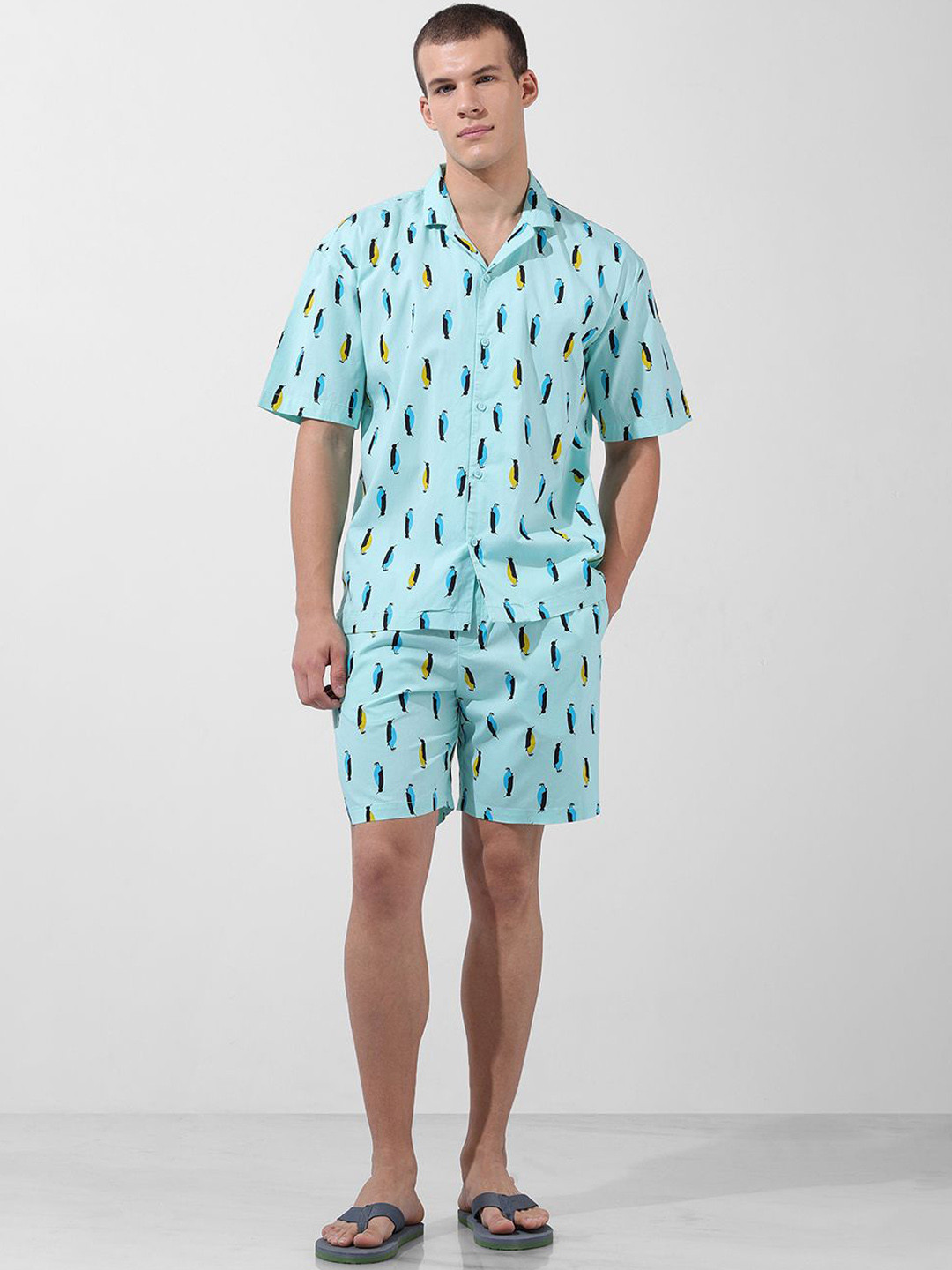 The Indian Garage Co Men Graphic Printed Pure Cotton Shirt&Shorts Night Suits