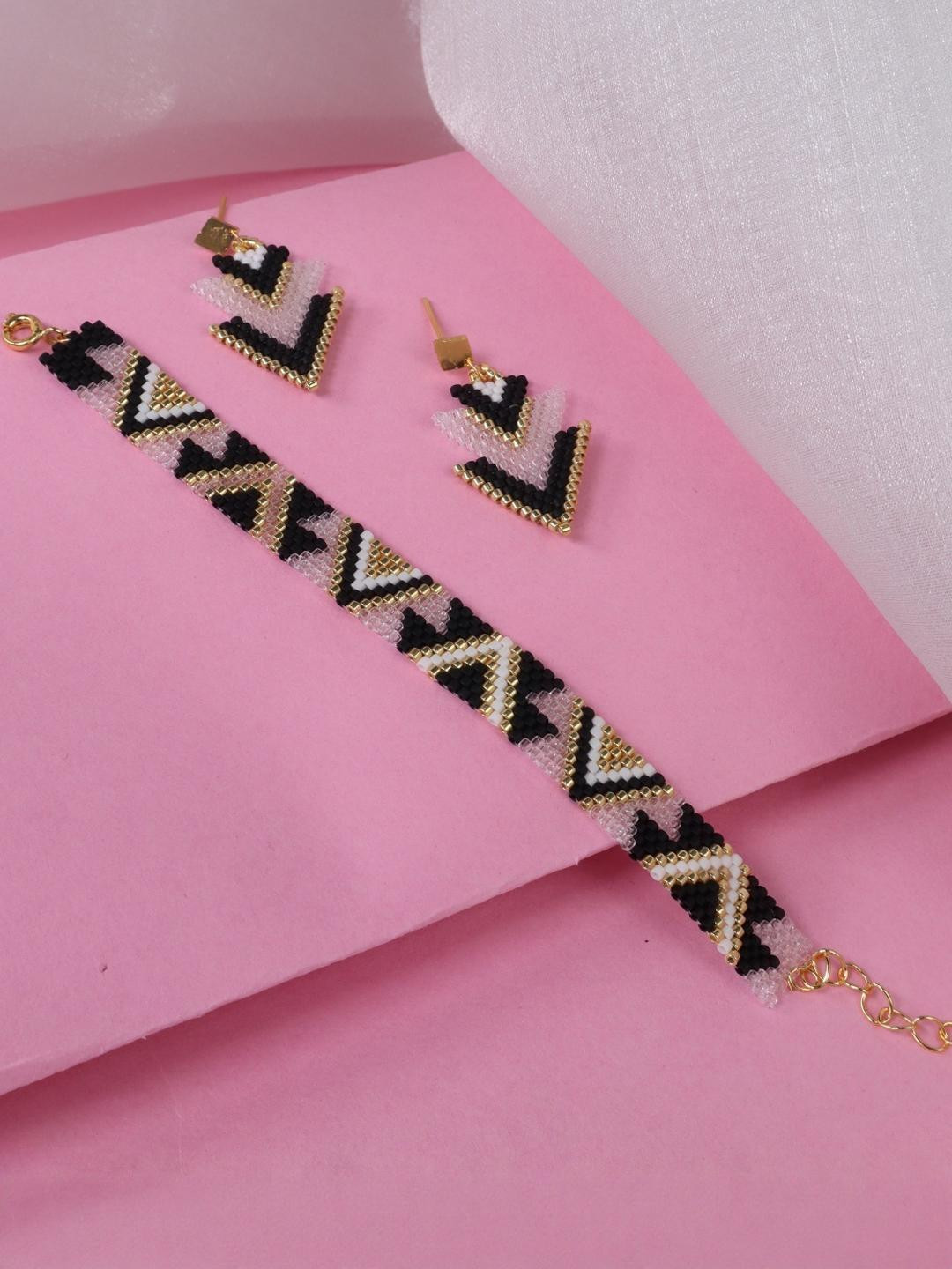 Threads & Beads Gold-Plated Black & White Beaded Bracelet and Earring Set