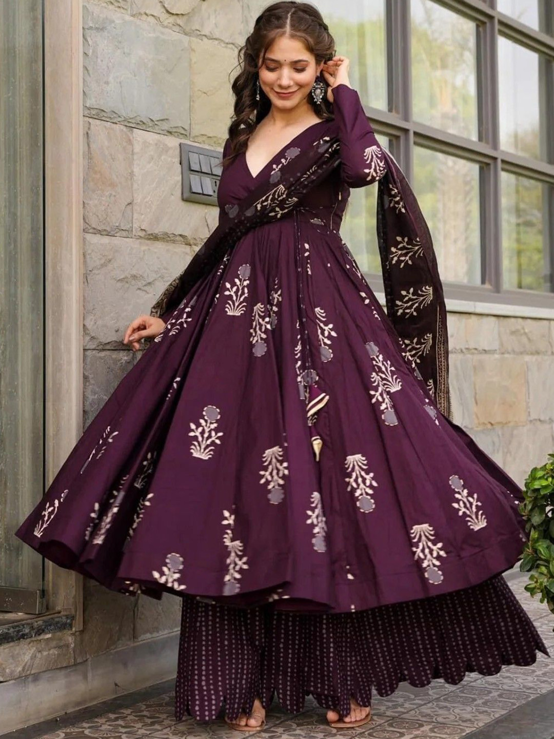 Wedani Floral Printed V Neck Anarkali Kurta With Palazzos & Dupatta