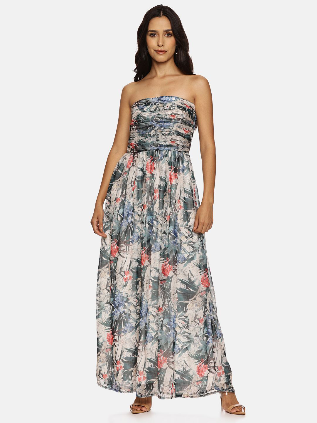 ISU Women Tropical Printed Chiffon Bandeau Maxi Dress