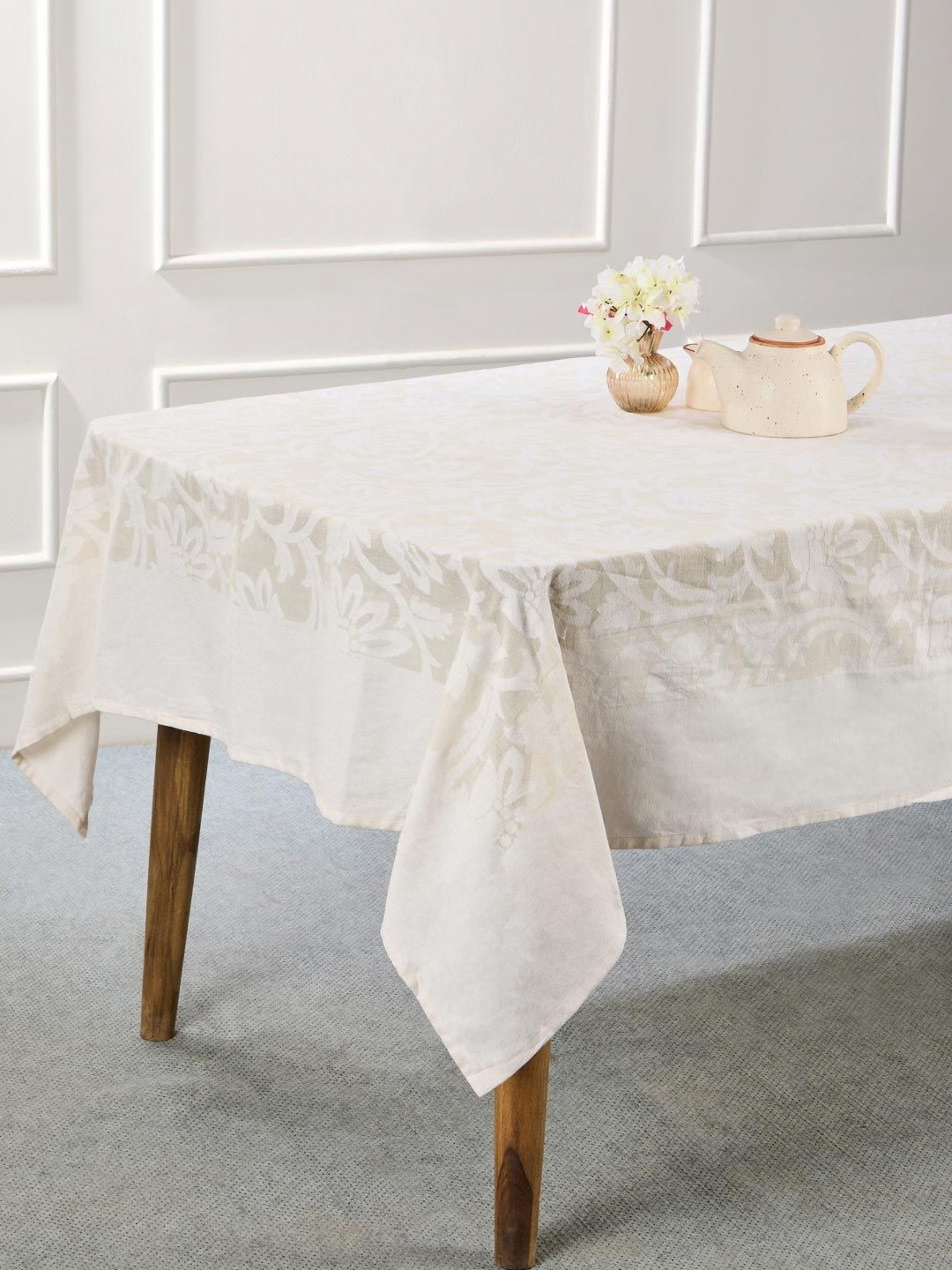 Fabindia Inaya White Floral Self Design Cotton 8 Seater Table Cover