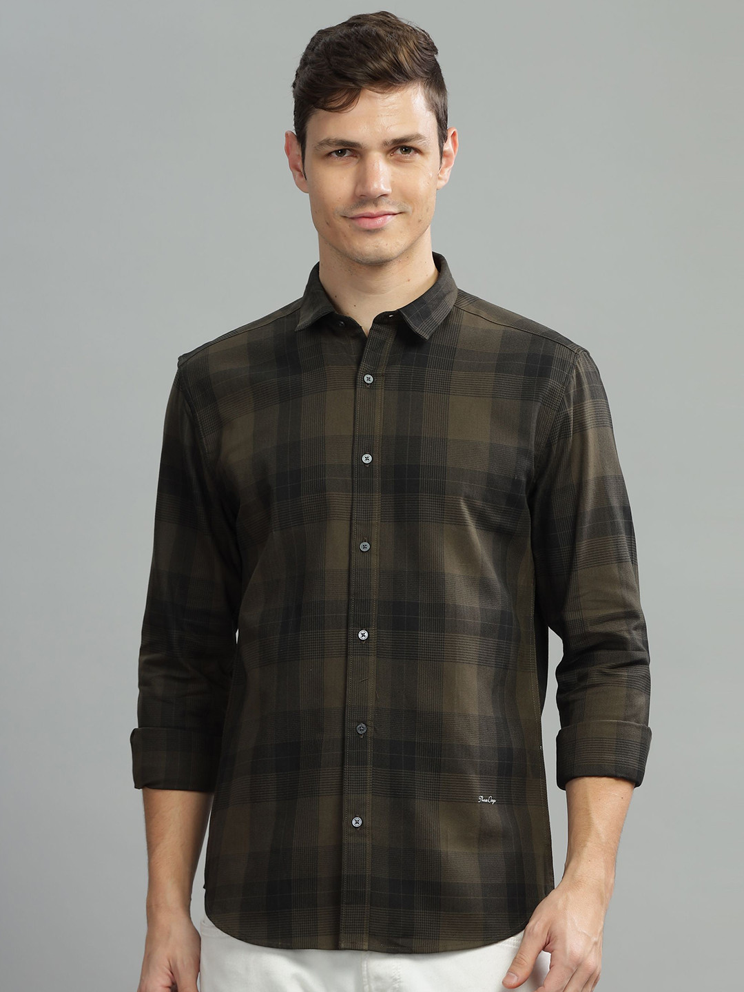 THREE DAYS Tartan Checked Spread Collar Long Sleeves Cotton Comfort Shirt