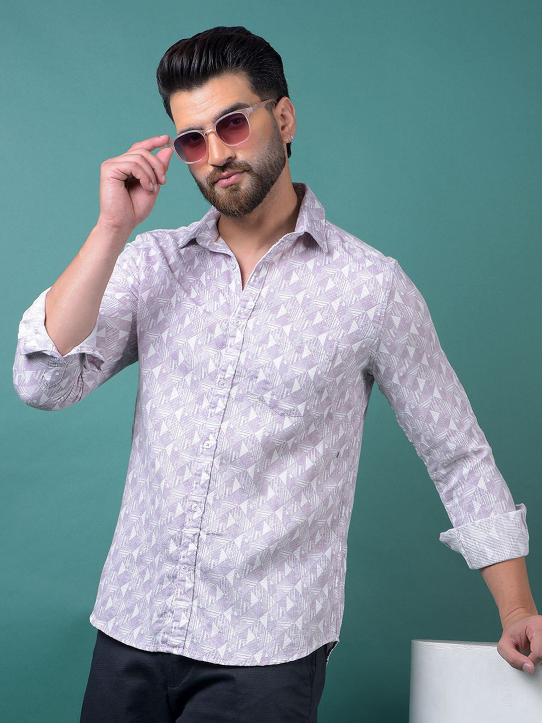 Crimsoune Club Geometric Printed Spread Collar Pure Cotton Classic Slim Fit Pocket Shirt