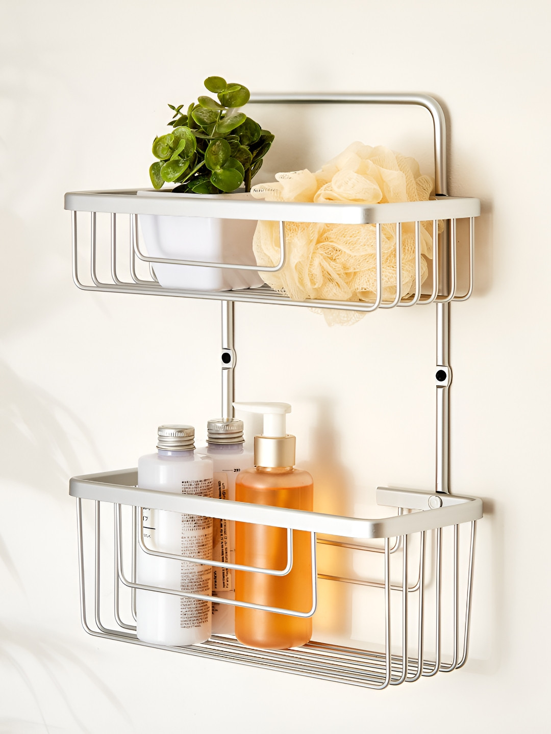 Home Centre Silver-Toned 2 Pieces Orion Stem Metal Tier Shower Caddy