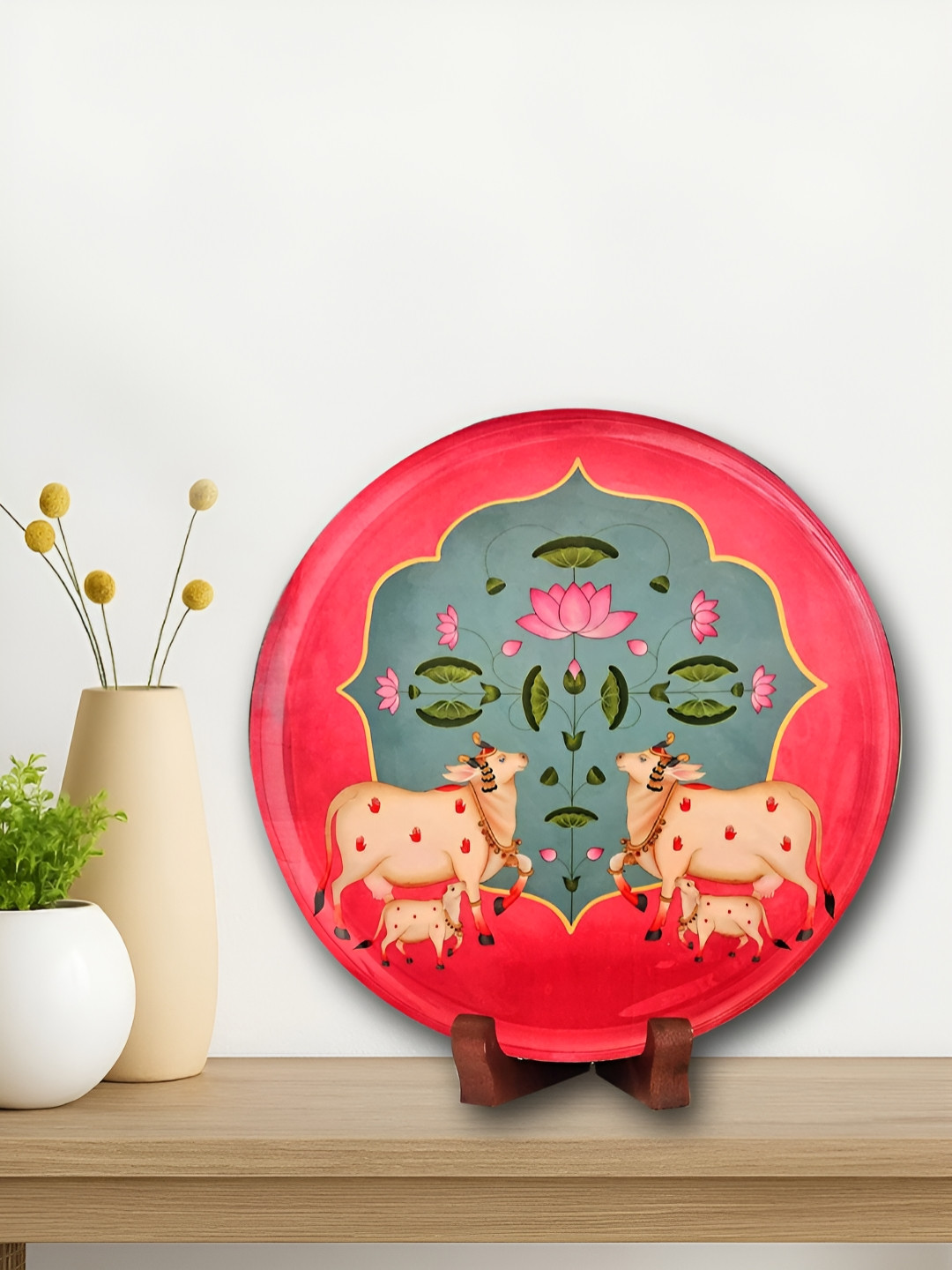 Aura Pichwai Single Wall Plate Metal Floral Glossy Hanging Hall Wall Plates-9.8In