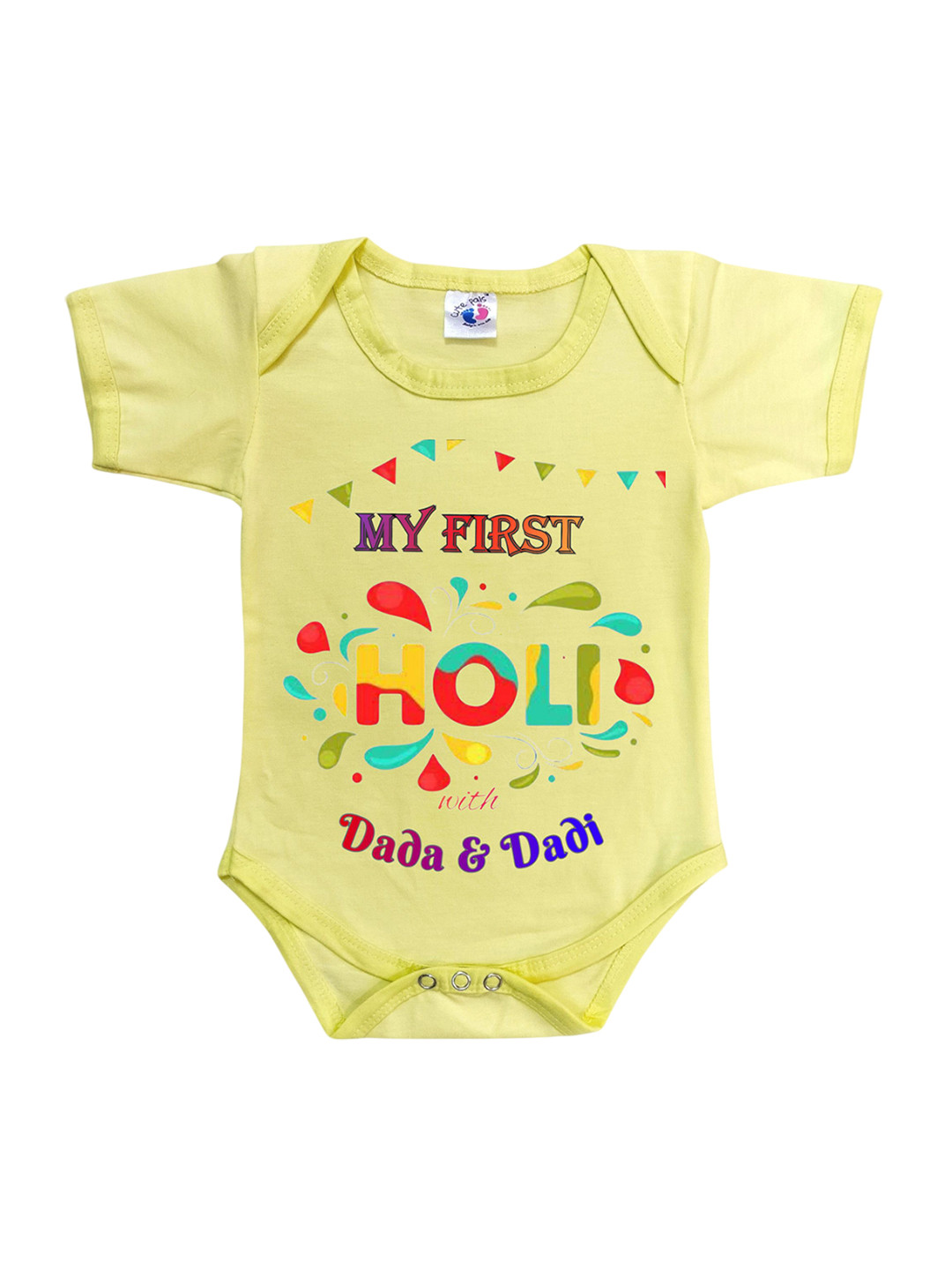 Cute Pals Infants Yellow Holi Printed Cotton Bodysuits