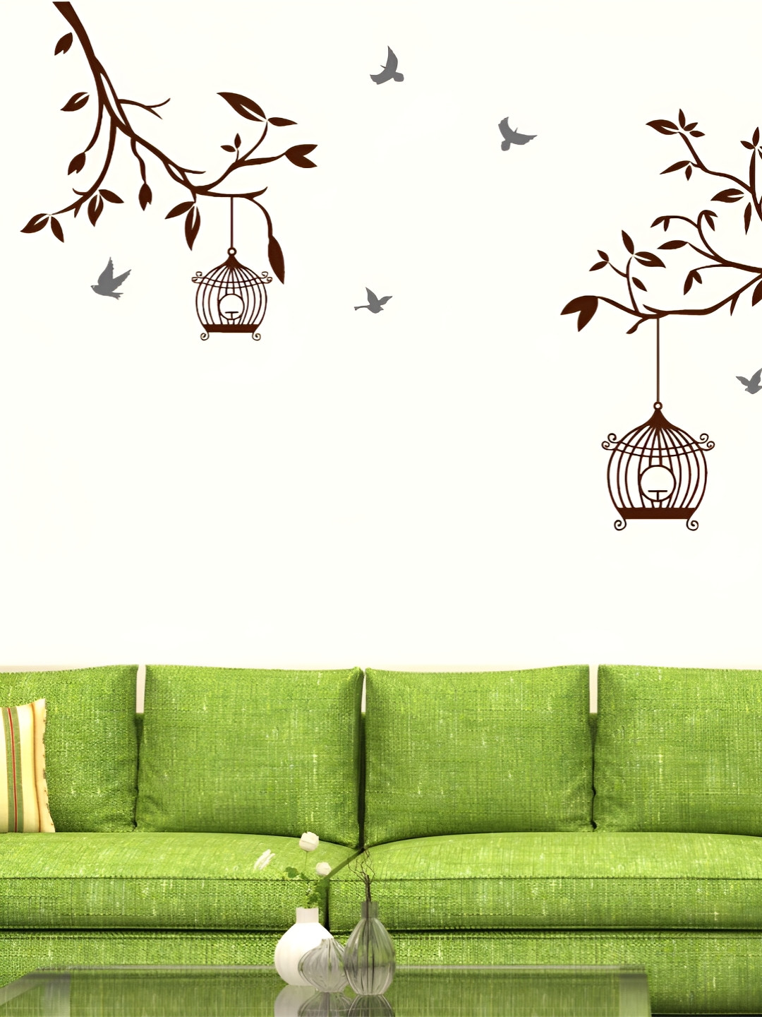 Aura Brown Tree With Birds & Cage Self Adhesive Wall Sticker