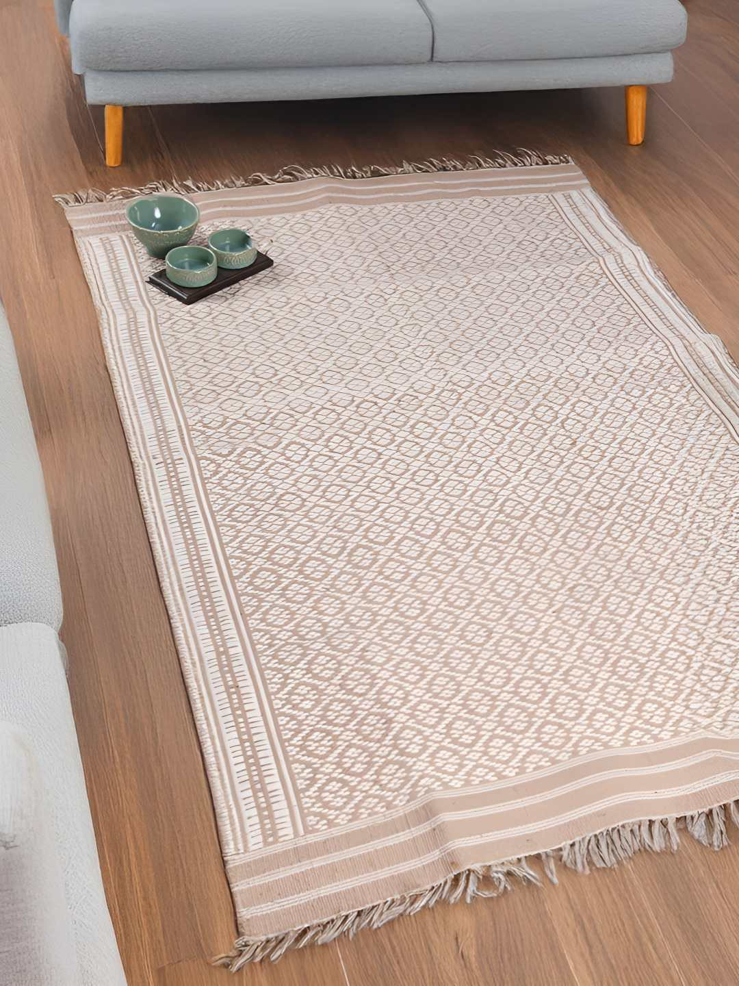 Fabindia Adhira Beige & White Woven-Designed Rectangular Dhurrie