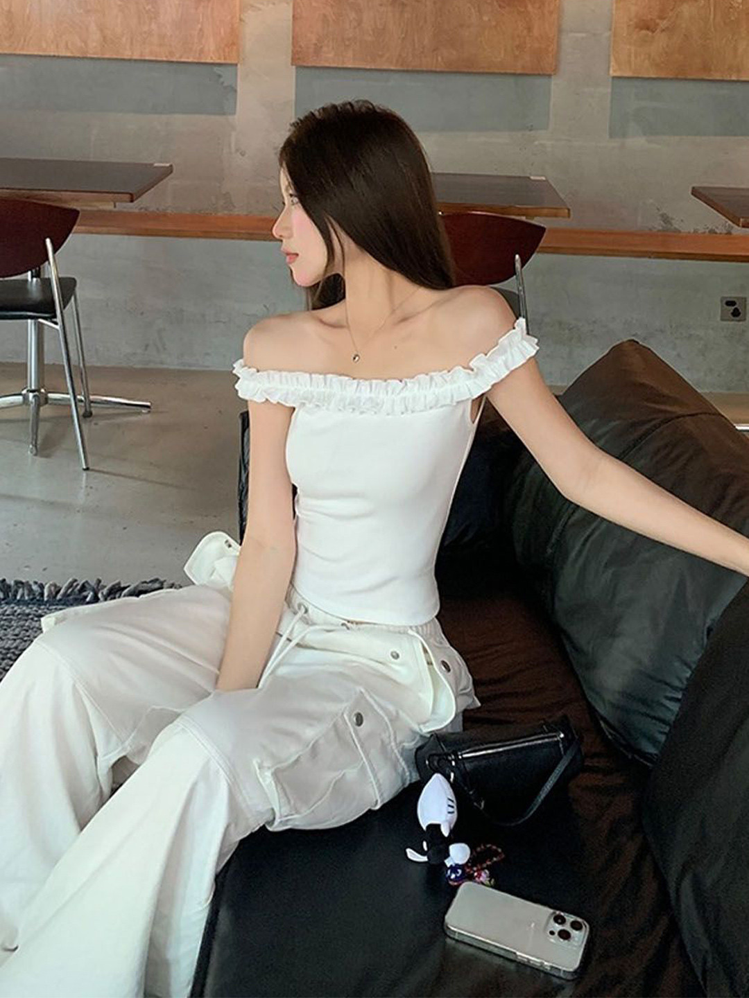 StyleCast Women Off-Shoulder Ruffled Fitted Top