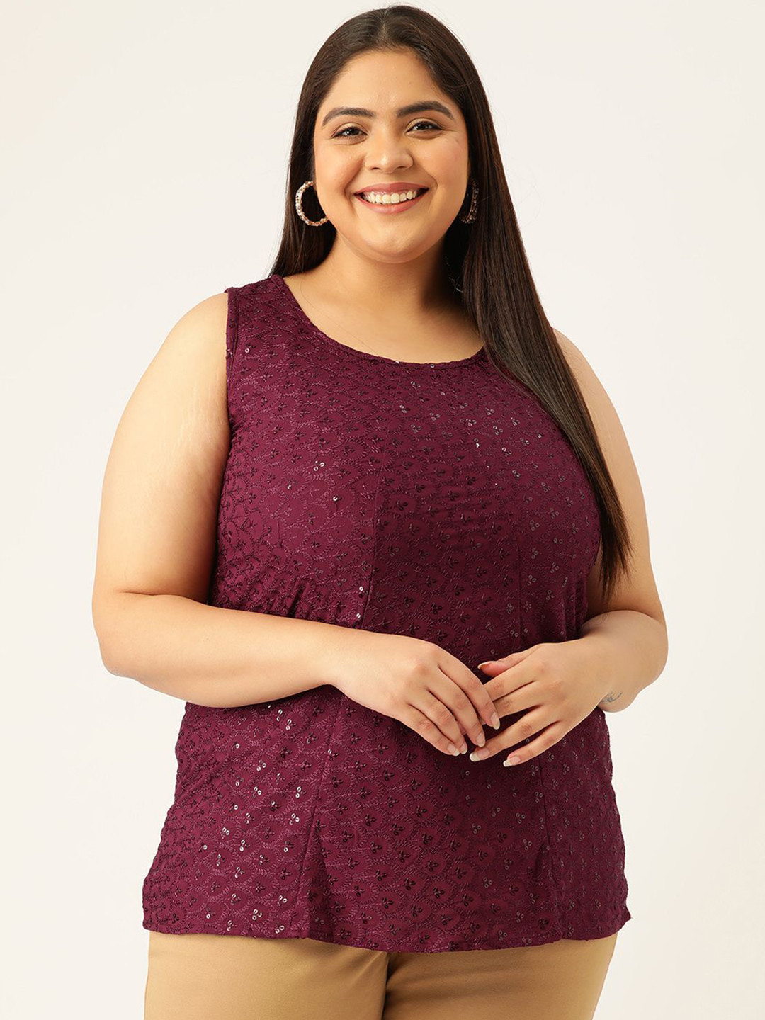 theRebelinme Women Plus Size Round Neck Sequined Top