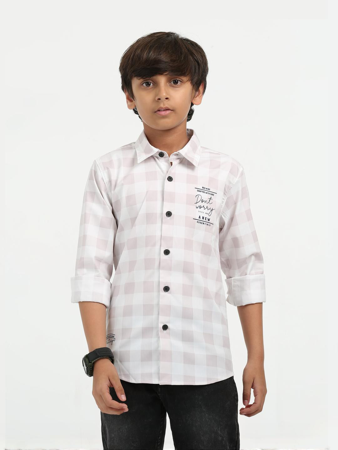 Rocket Science Cream Boys Classic Slim Fit Gingham Checks Checked Casual Shirt