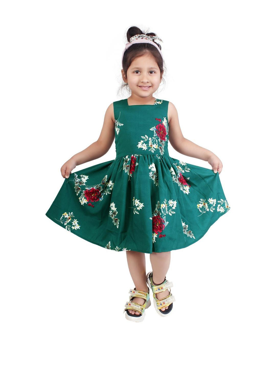 Alisha Moda Girls Green Floral Print Crepe Fit & Flare Dress