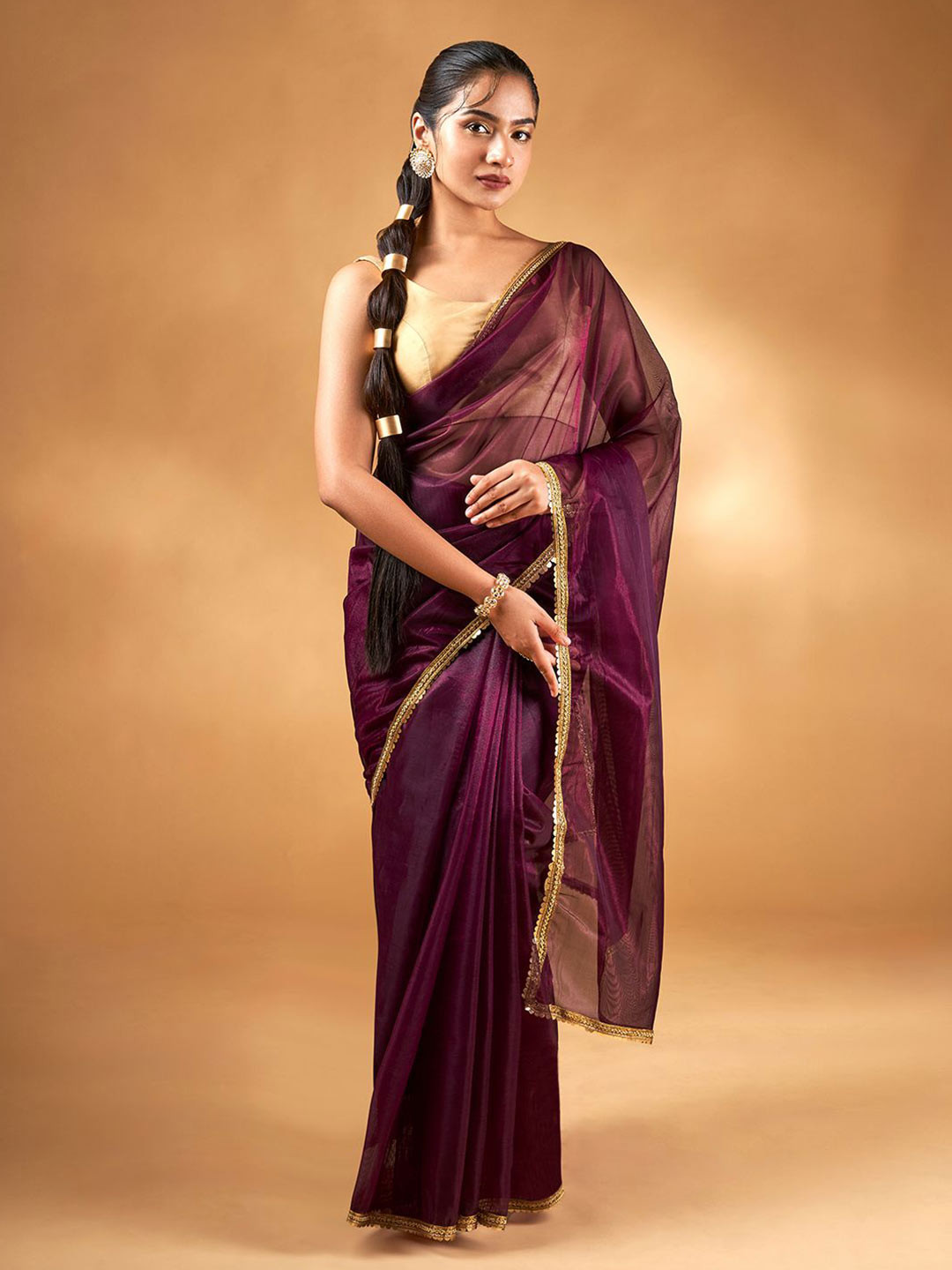 TEEJH Iraja Wine Net Saree With Blouse Piece