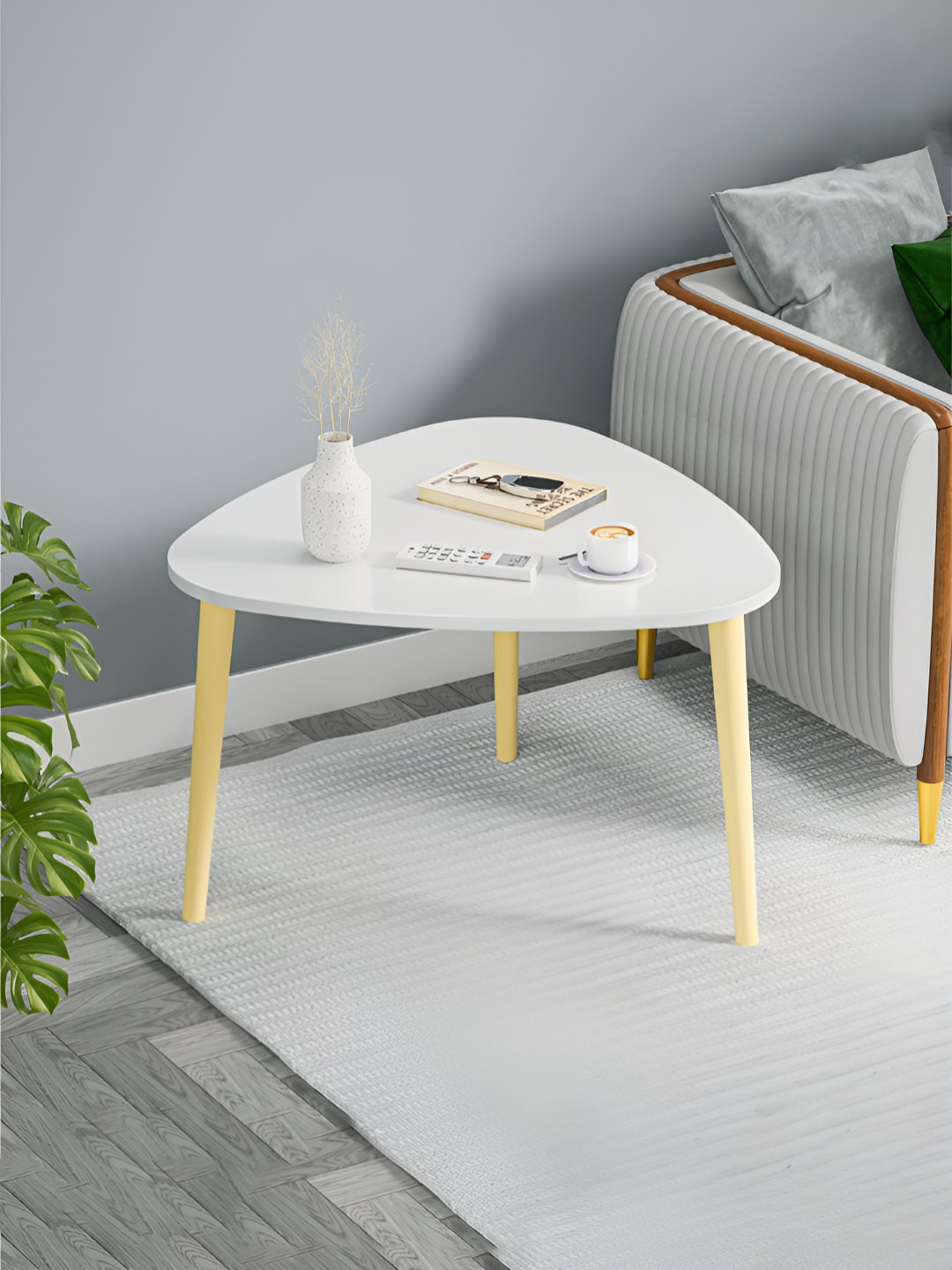 Kuber Industries White & Brown Textured Oval  Shape Wooden Sofa Side Table