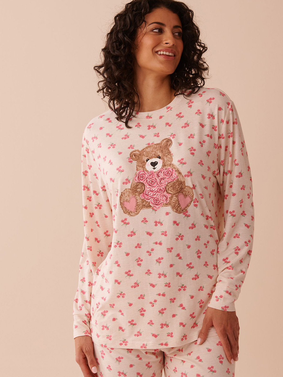 La Vie en Rose Teddy Bear Printed Long Sleeves Lounge Tshirt