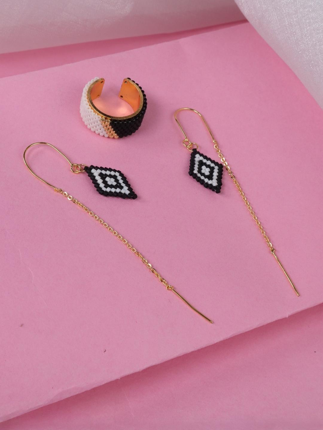 Threads & Beads Gold-Plated Black & White Beaded Earring and Finger Ring Set