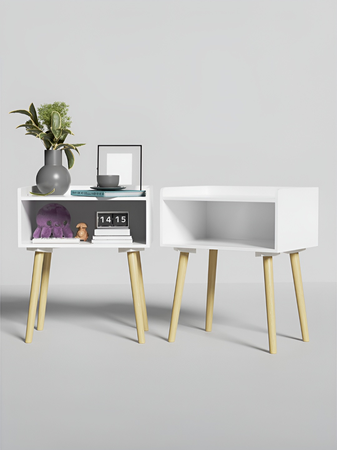 Kuber Industries 2-Pcs White & Brown Textured Wooden Sofa Side End Table