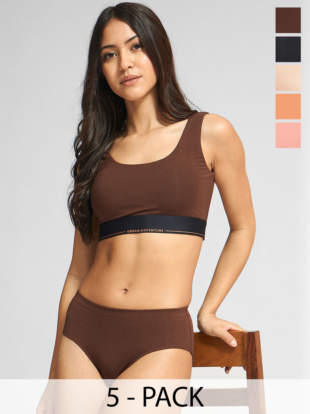 URBAN ADVENTURE Women Pack of 5 Mid-Rise Hipster Briefs 5UAW-020(BLK-BEIGE-NUDE-CHOC-PINK)