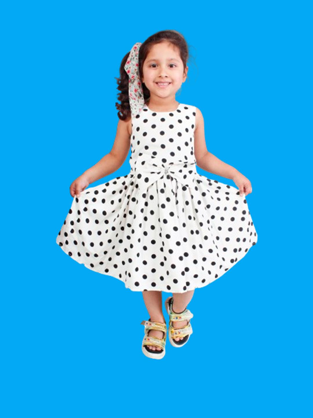 Alisha Moda Girls White & Black Polka Dot Crepe Fit & Flare Dress