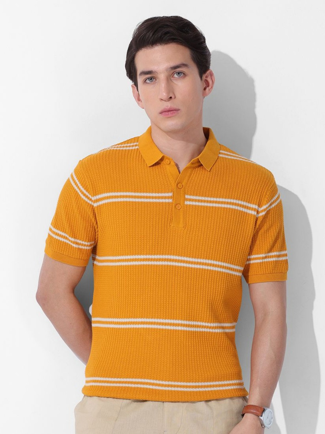 The Indian Garage Co Striped Polo Collar Pure Cotton Slim Fit T-shirt