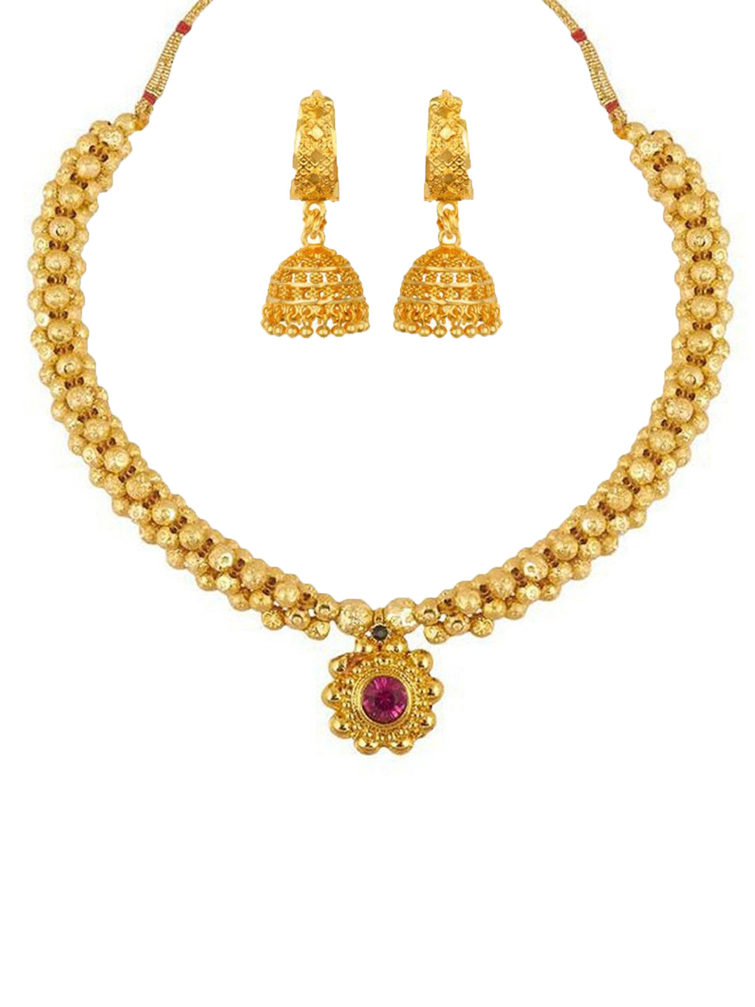 Heer Collection  1gm Gold-Plated Cubic Zirconia Stone Studded & Beaded Jewellery Set