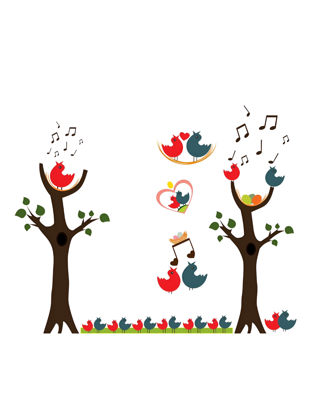 LANSTICK Brown & Red Tree With Birds & Music Printed Wall Stcikers