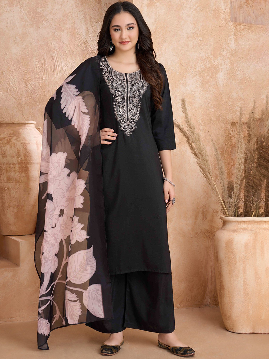 Moda Rapido Black Women Floral Embroidered Kurta with Trousers & With Dupatta