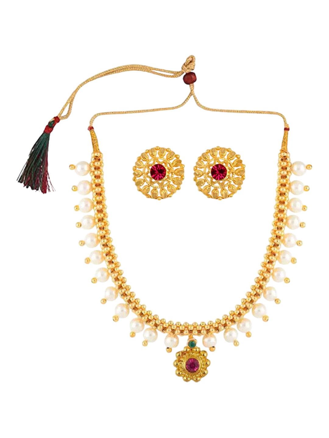 Heer Collection  1g Micron Gold-Plated South Indian Stone Studded & Beaded Jewelry Set