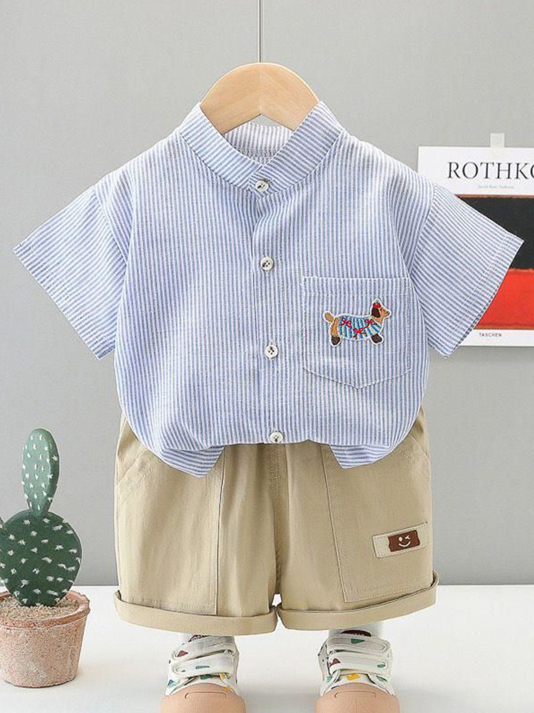 POP STREET KIDS Boys Striped Band Collar T-shirt With Shorts