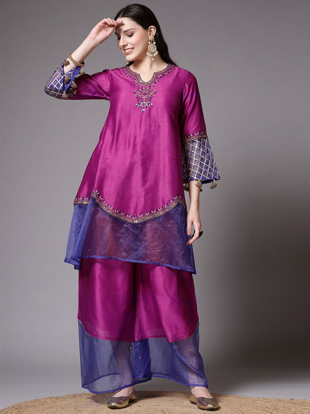 Utsav Fashion Floral Embroidered Chanderi Cotton Kurta With Palazzos & Dupatta