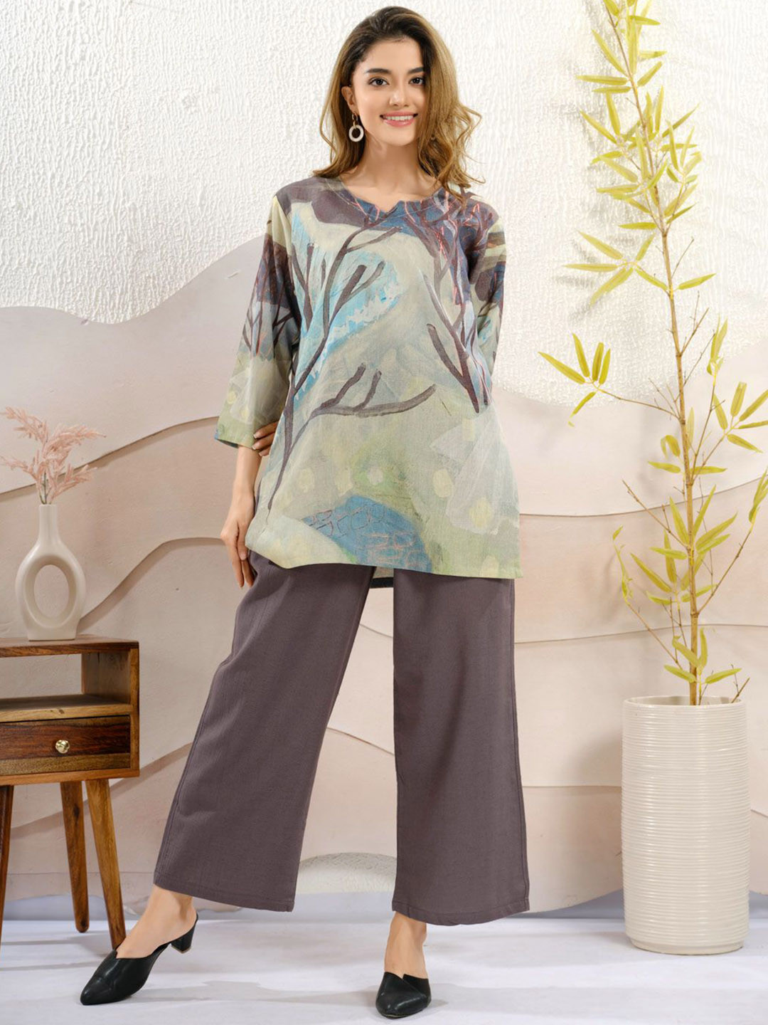 NIGHT FLOSS Printed Pure Cotton Round Neck Tunic With Trousers Co-Ords