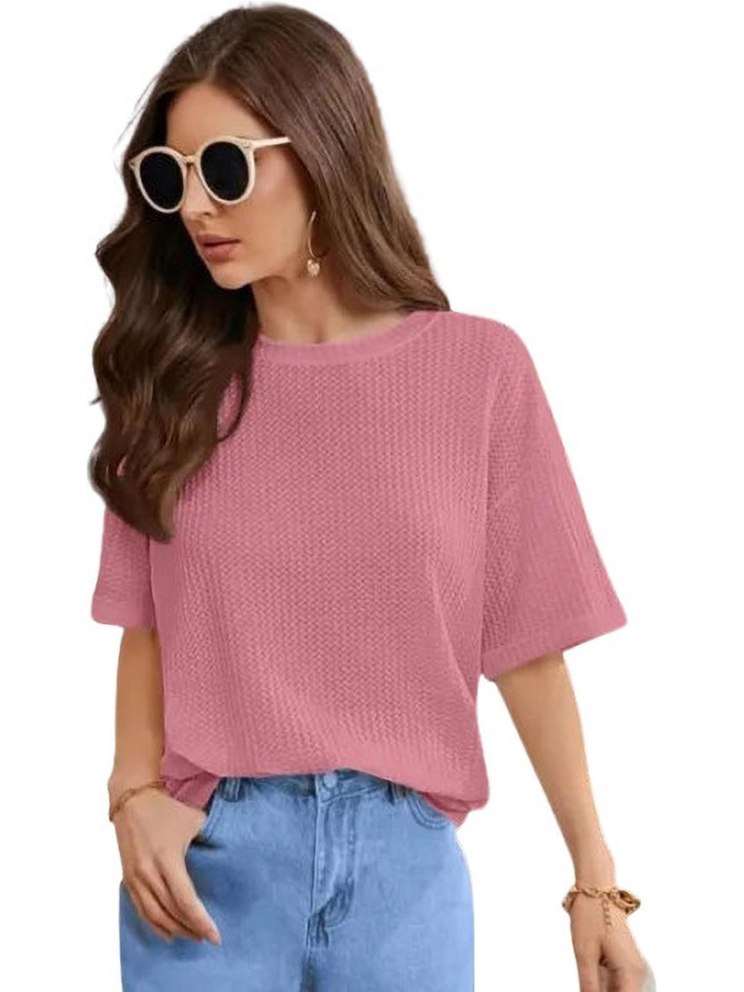 PINOVO Women's Pink Drop Shoulder Round Nek T-shirt