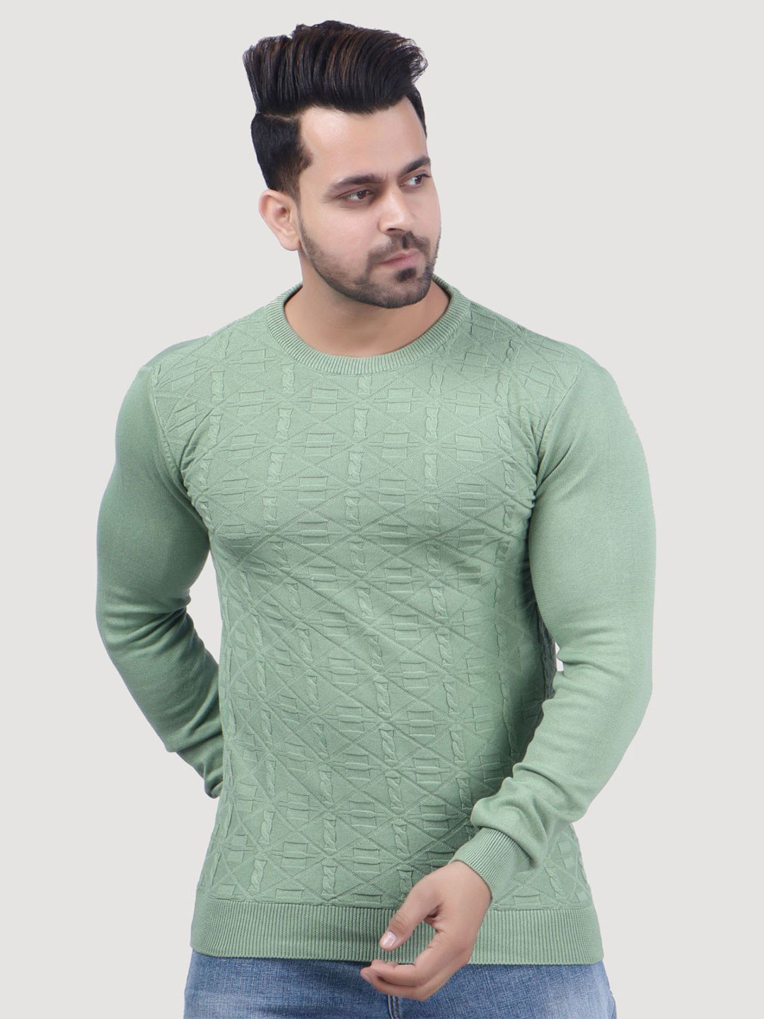 FEVERFEW Men Self Design Pullover Sweetshirt