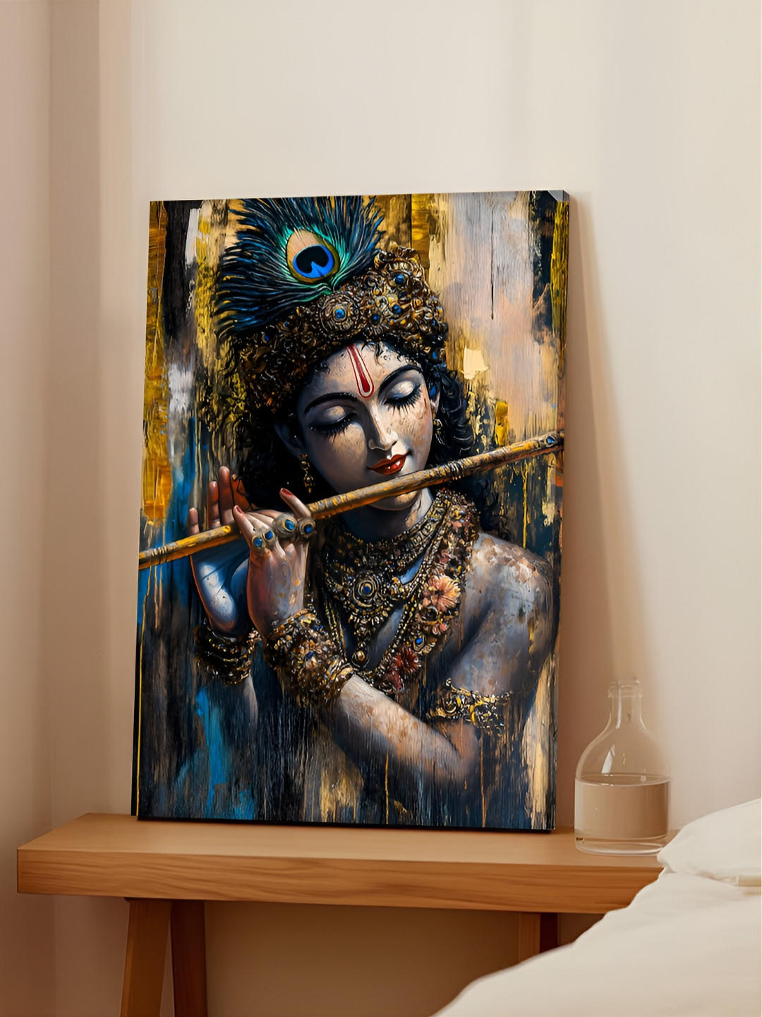 Art Street Grey & Blue Shree Krishna Playing Flute Canvas Wall Art